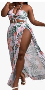 Women''s Plus Size 3 Piece Swimsuits Floral Print Halter Bikini Sets Bathing Suit with Beach Skirt