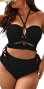 Women''s Plus Size 2 Piece Swimsuit High Waisted Drawstring Halter Bikini Sets Bathing Suits