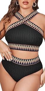 Women''s Plus Size Two Piece Swimsuit Chevron Print Criss Cross High Waisted Bikini Set Bathing Suits