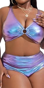 Women''s Plus Size Two Piece Swimsuit Metallic Ring Linked Bikini Set Bathing Suits