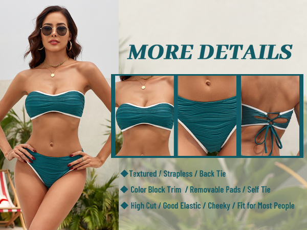 ZAFUL Women''s Textured Color Block Strapless Bandeau Two Piece Cheeky High Cut Bikini Set Swimsuits