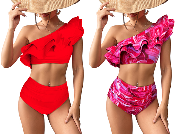 Ruffle One Shoulder Two Pieces Bikini