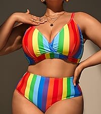 Floerns Women''s Plus Size Rainbow Striped High Waisted Two Piece Bathing Suit