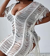 Floerns Women''s Plus Size V Neck Fringe Trim Slit Hem Cover Up Swimwear