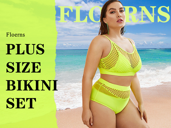 Floerns Women''s Plus Size Splice Fishnet Cami Top and High Waist Bikini Set