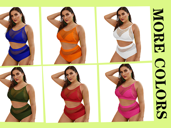 Floerns Women''s Plus Size Splice Fishnet Cami Top and High Waist Bikini Set