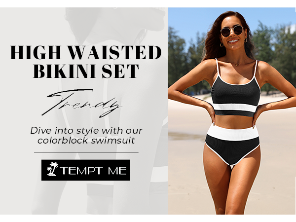 High Waisted Ribbed Two Piece Color Block Sporty Scoop Neck Bikini