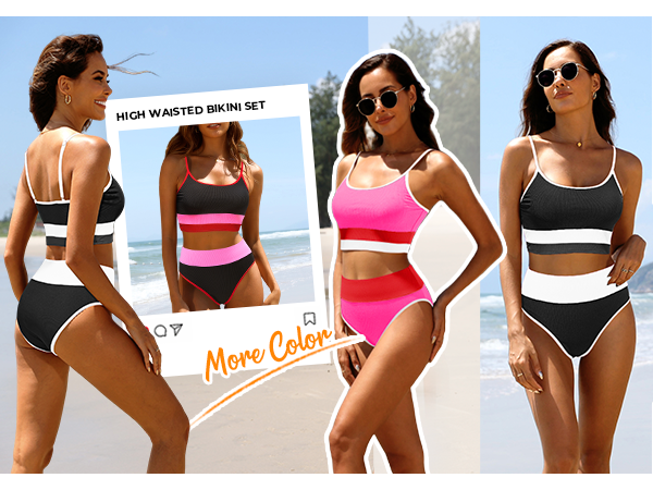 High Waisted Bikini Sets Ribbed Two Piece Color Block Sporty Scoop Neck