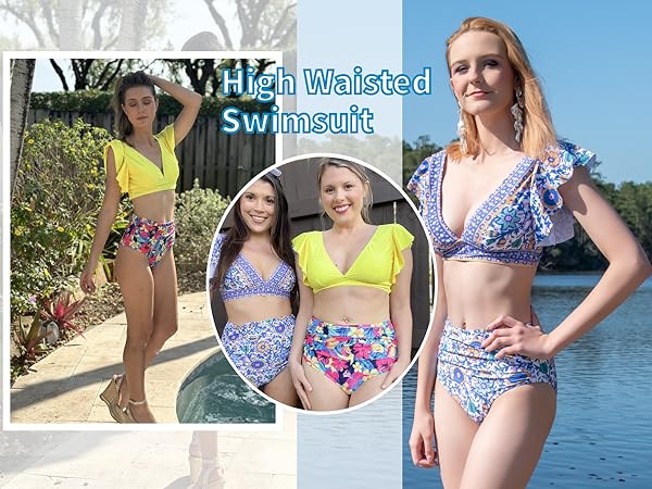 high waisted bikini sets for women ruffle high waisted swimsuit bathing suit tummy control