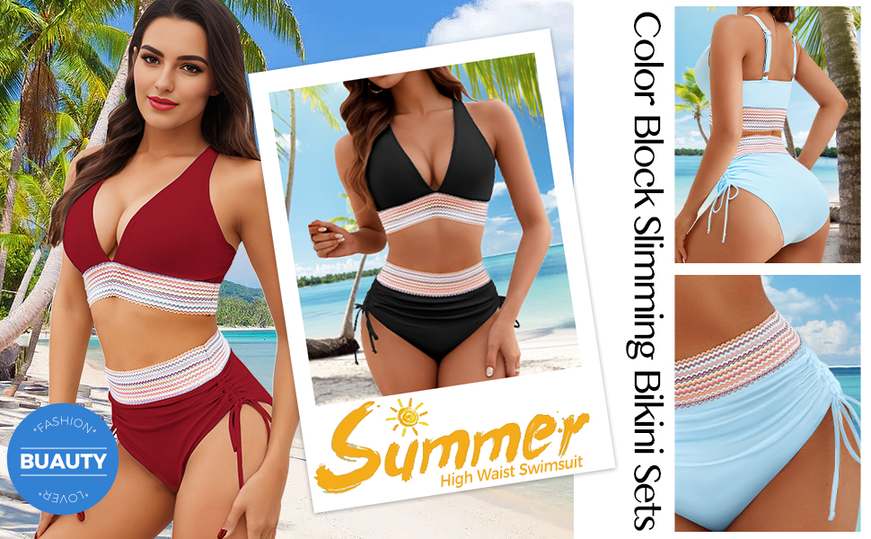 High Waisted Bikini Sets Women Tummy Control Swimsuits Color Block Drawstring