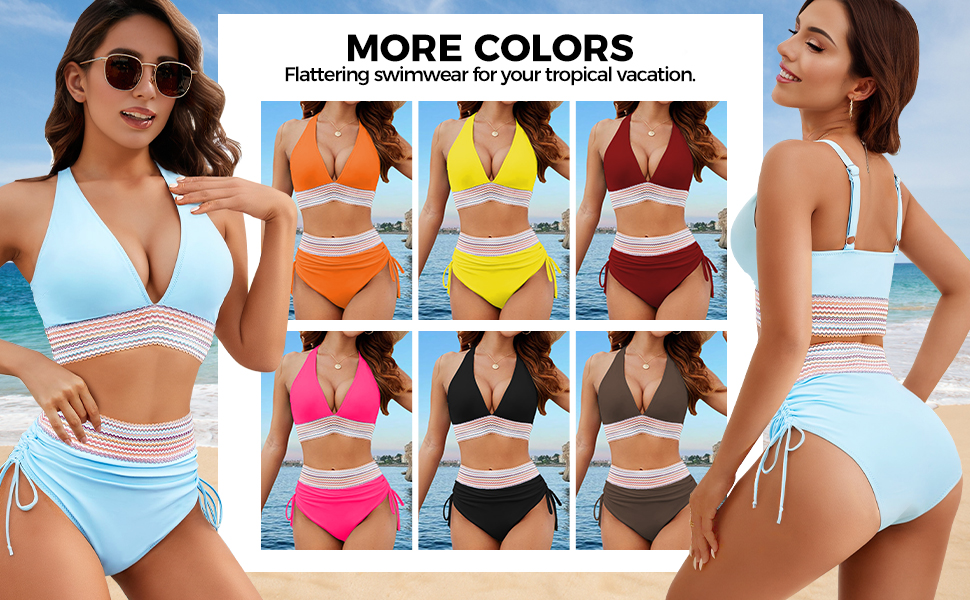 Black Blue Red Hot Pink White Green Yellow Coffee Orange High Waisted Bikini Sets Women