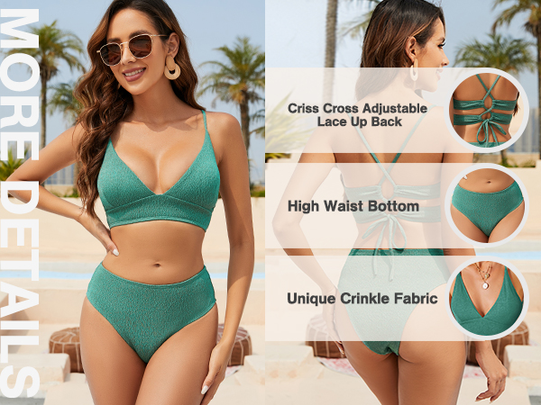 ZAFUL Crinkle Lace Up High Waisted Bikini Swimwear