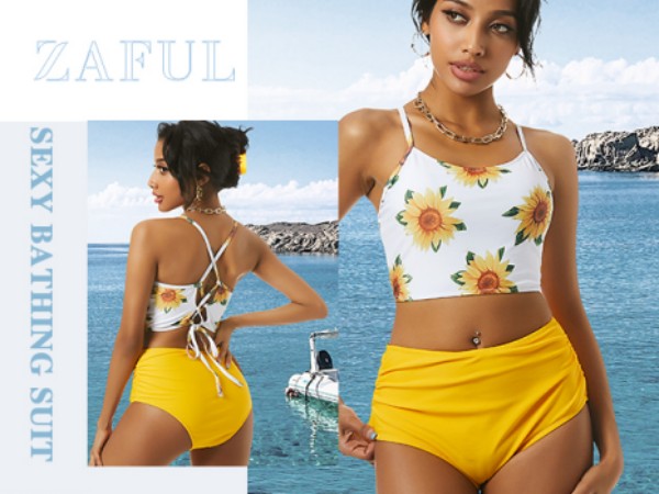 ZAFUL Crisscross Ruched Sunflower Tankini Set