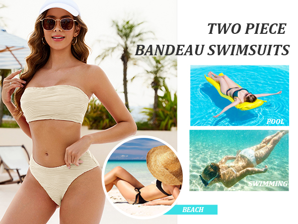 Women&#39;s Bandeau Bikini Sets Two Piece Swimsuit High Cut Bathing Suit Ribbed Bikini Set