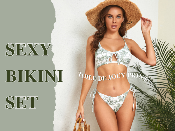 Womens Toile String Bikini Set Cut Out Lace Up Two Piece Swimsuit High Cut Tie Side Bathing Suit