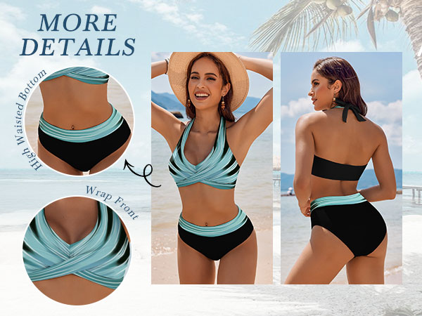 High Waisted Bikini Set Tummy Control Bathing Suits Halter Ruched Swimwear