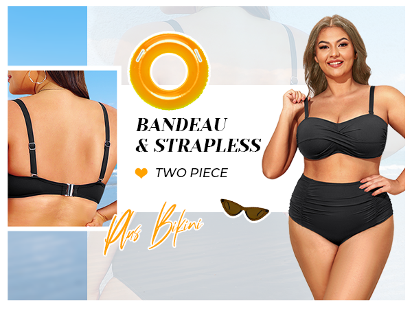 Women Plus Size High Waisted Bikini Sets Two Piece Strapless Swimsuits Tummy Control Bathing Suit