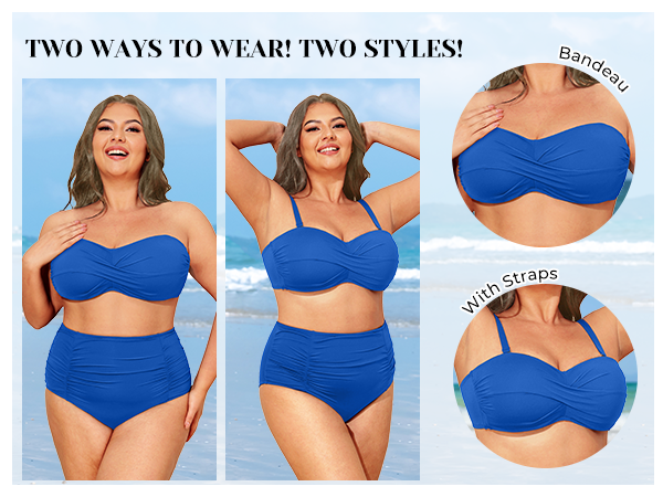 Women Plus Size High Waisted Bikini Sets Two Piece Strapless Swimsuits Tummy Control Bathing Suit