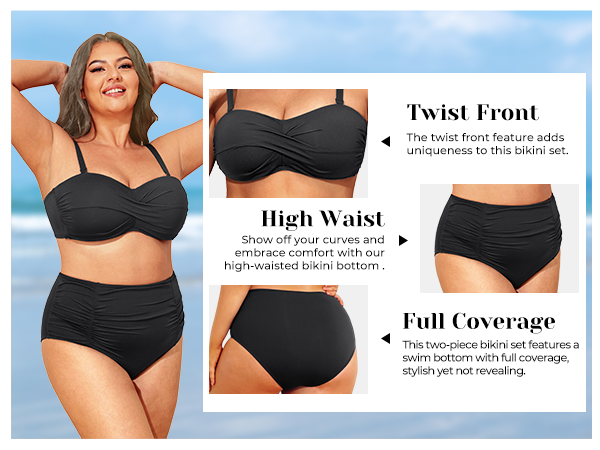 Women Plus Size High Waisted Bikini Sets Two Piece Strapless Swimsuits Tummy Control Bathing Suit