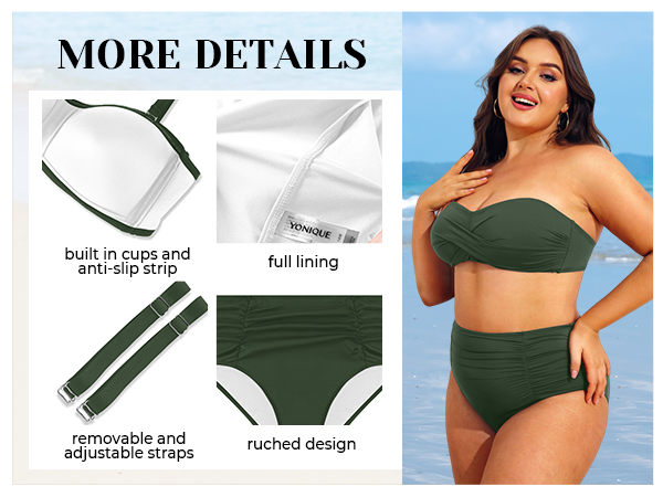 Plus Size High Waisted Bikini Sets Two Piece Bandeau Swimsuits Twist Front Bikini