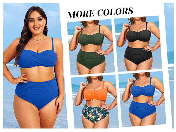 Plus Size High Waisted Bikini Sets Two Piece Bandeau Swimsuits Twist Front Bikini