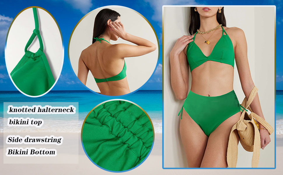 Green  bikini for women，high waisted cheeky bikini bottoms，high leg bikini