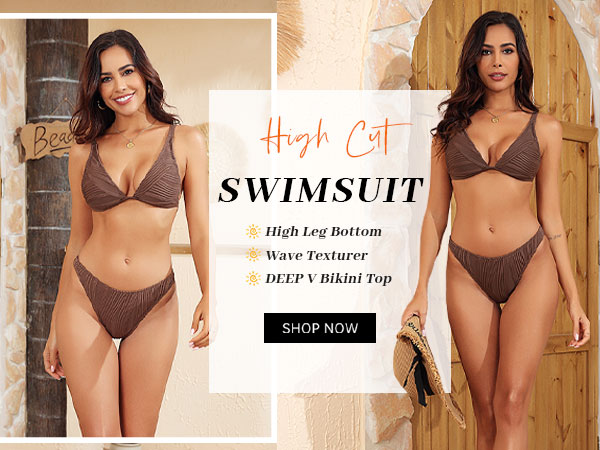 ZAFUL Sexy Plunging V Neck Triangle Wave Textured High Cut Cheeky Bikini Sets