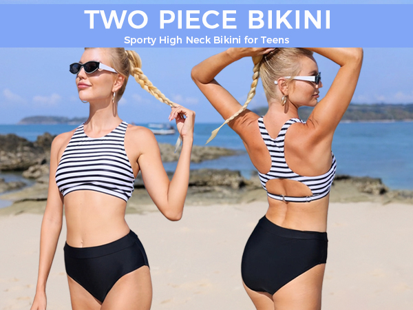 High Waisted Bikini Two Piece Swimsuits High Neck Crop Top Racerback Sporty Bathing Suits