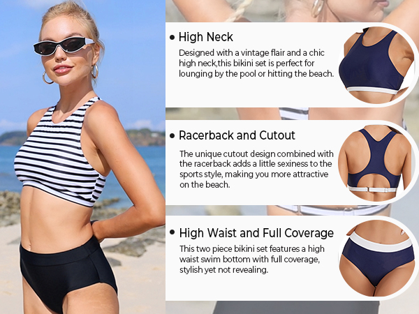 High Waisted Bikini Two Piece Swimsuits High Neck Crop Top Racerback Sporty Bathing Suits