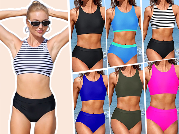 High Waisted Bikini Two Piece Swimsuits High Neck Crop Top Racerback Sporty Bathing Suits