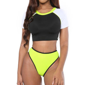 ANASABI Women''s Short Sleeve Color Block Flourescent Bikini Bright Neon Swimsuit