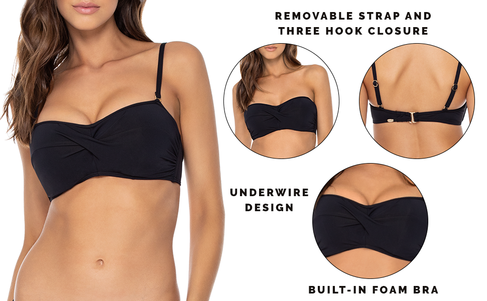 sunsets iconic twist underwire padded bandeau womens swimsuit bra sized d-cup black bikini top