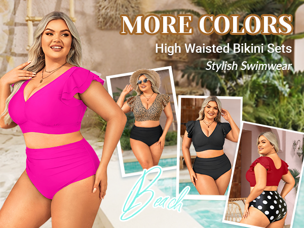 Daci Plus Size 2 Piece Bikini Swimsuit High Waisted Tummy Control Women Bathing Suits Ruffle Sleeve 