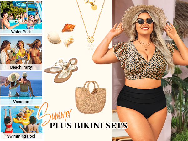 Daci Plus Size Leopard 2 Piece Bikini Swimsuit High Waisted Tummy Control Bathing Suit Ruffle Sleeve