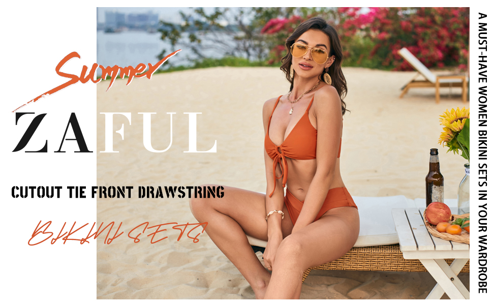 cutout drawstring zaful bikini sets tie front women swimwear high cut swimsuit summer holiday