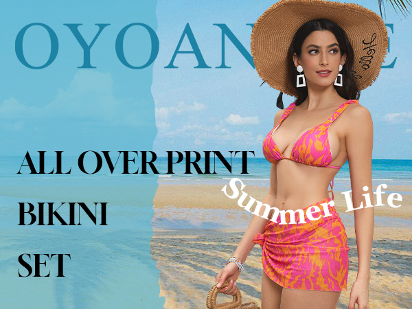 OYOANGLE Women''s 3 Piece All Over Print Tie Back Bikini Swimsuit with Beach Skirt Cover Up Sets