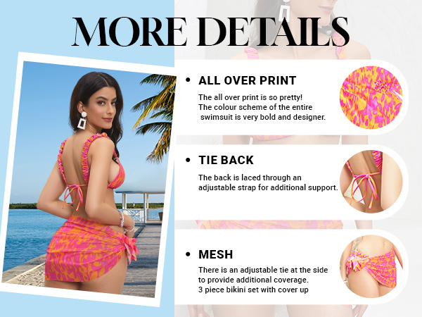 OYOANGLE Women''s 3 Piece All Over Print Tie Back Bikini Swimsuit with Beach Skirt Cover Up Sets