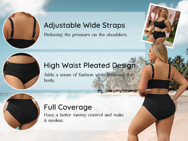 Adjustable wide straps high waisted pleated design full coverage