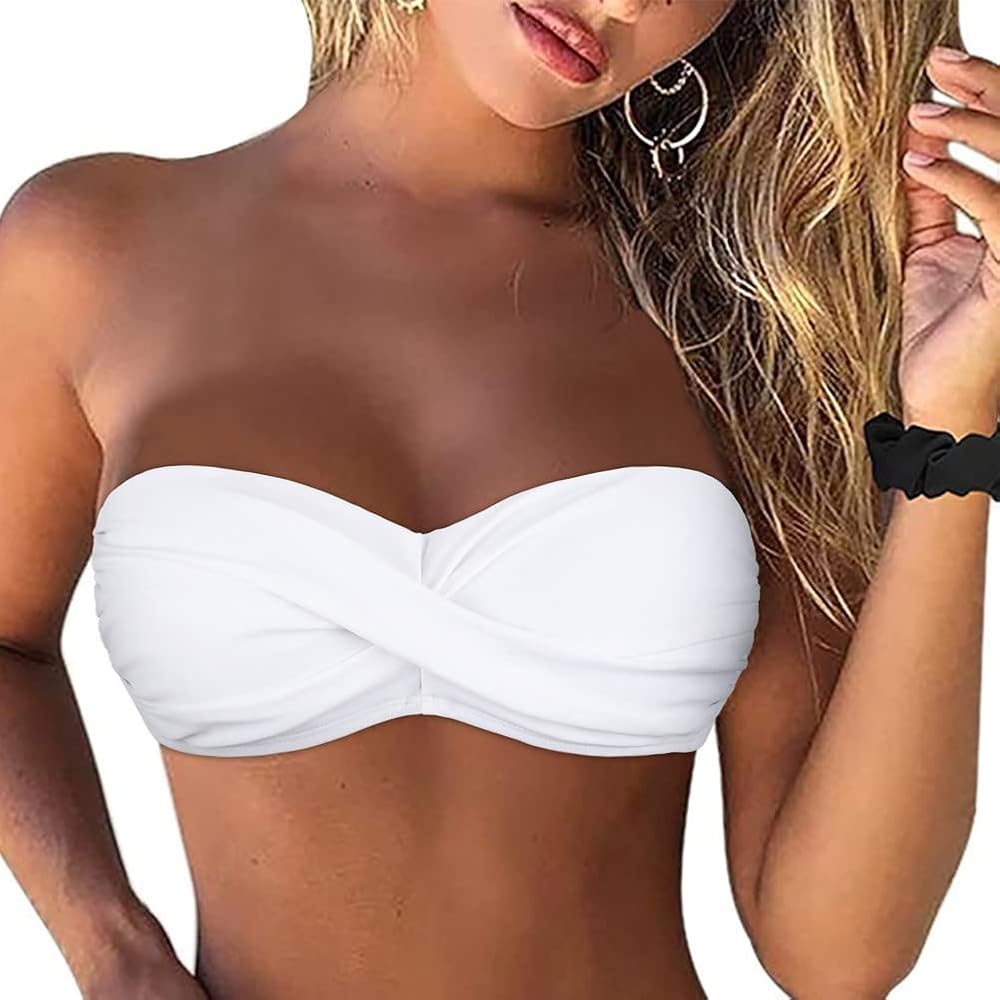 Firpearl Women Strapless Bikini Tops Retro Twist Front Bathing Suit Tops Push Up Bandeau Swimsuit