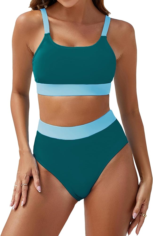 Bluetime Women Bikini Sets 2 Piece High Waisted Color Block Sporty Bathing Suit Cheeky High Cut Bikini Swimsuits