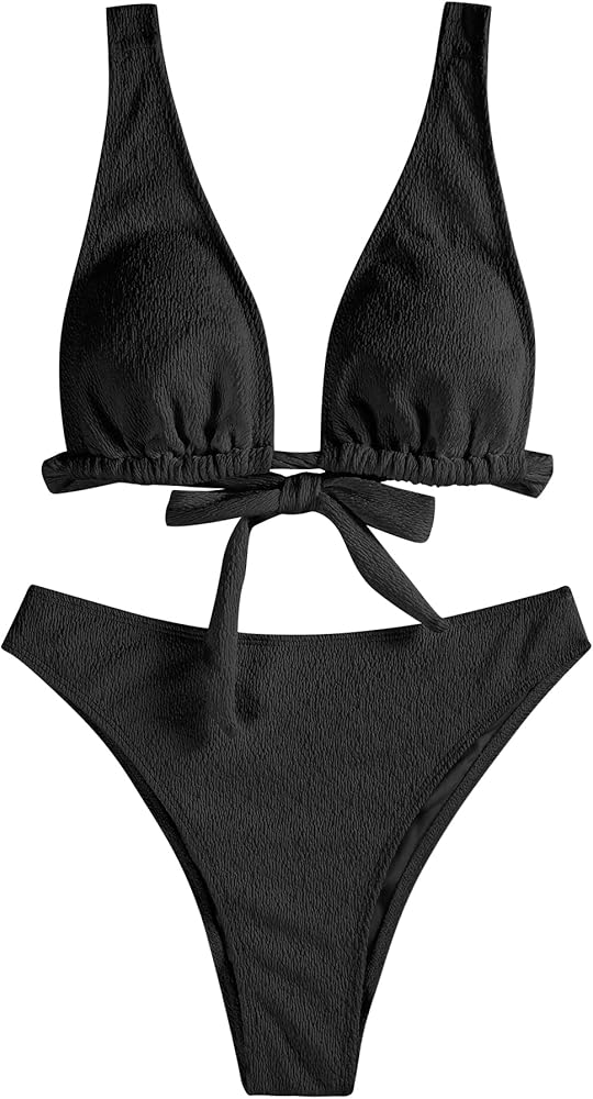 ZAFUL Womens Back Tie Bikini Set V Neck High Waisted Crinkle Longline Plunge Bikini Two Piece Bathing Suits (Black, M)