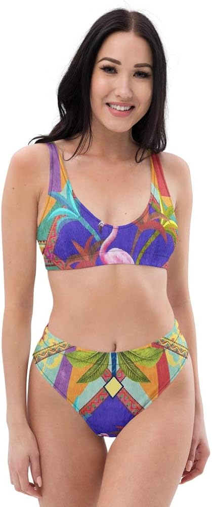 Recycled High Waisted Bikini Set for Women Tops Bottoms Swimsuit Bathing Suits Rainbow Flamingo Green Yellow Blue Vivid