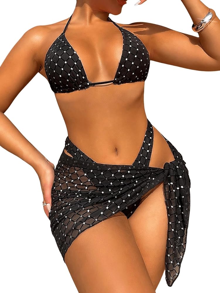 MakeMeChic Women's 3 Piece Bikini Set Rhinestone Halter Triangle Swimsuit with Wrap Knot Mesh Cover Up Skirt