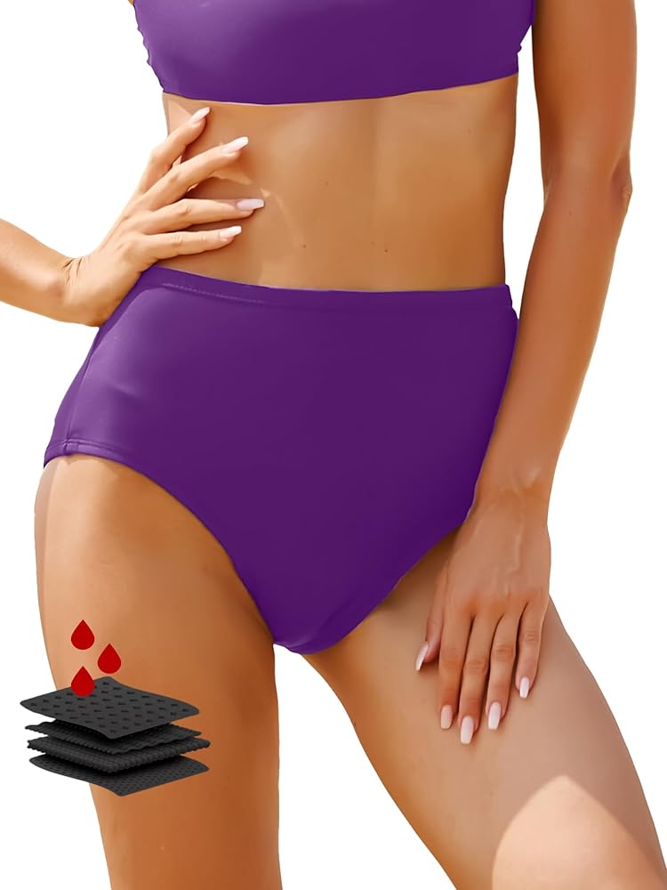 Period Swimwear-Menstrual Swimsuit Bikini Bottoms-High Waisted Leakproof Swim Bottoms for Teens Girls and Women. (as1, alpha, s, regular, regular, Deep Purple)