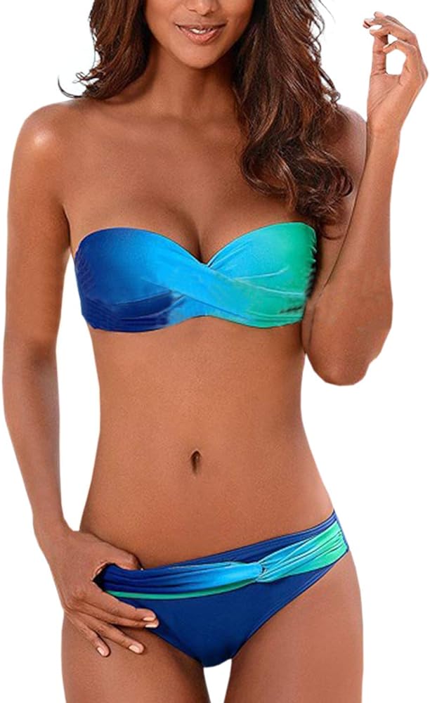 xxxiticat Women's Sexy Strapless Bikini Sets Bandeau Twist Front Padded Gradient Colorful Two Piece Bathing Suit Swimsuit