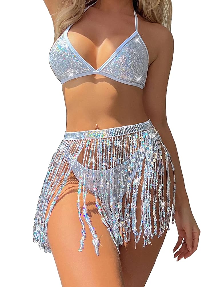 FlatterMe 3pack Tie Back Swimsuit Set Sequin Fringe Trim Triangle Bikini Beachwear