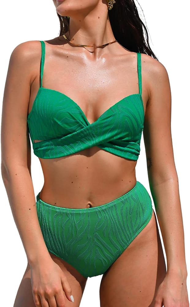 CUPSHE Women Bikini Set 2 Piece Swimsuit Cutout Spaghetti Straps Textured Fabric High Waisted Bottom