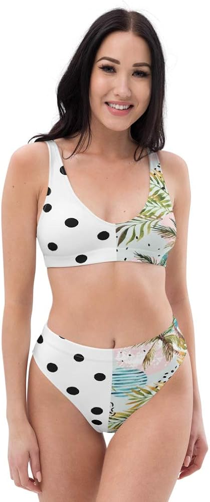 Recycled High Waisted Bikini Set for Women Tops Bottoms Swimsuit Bathing Suits White Polka Dots Light Tropical Floral