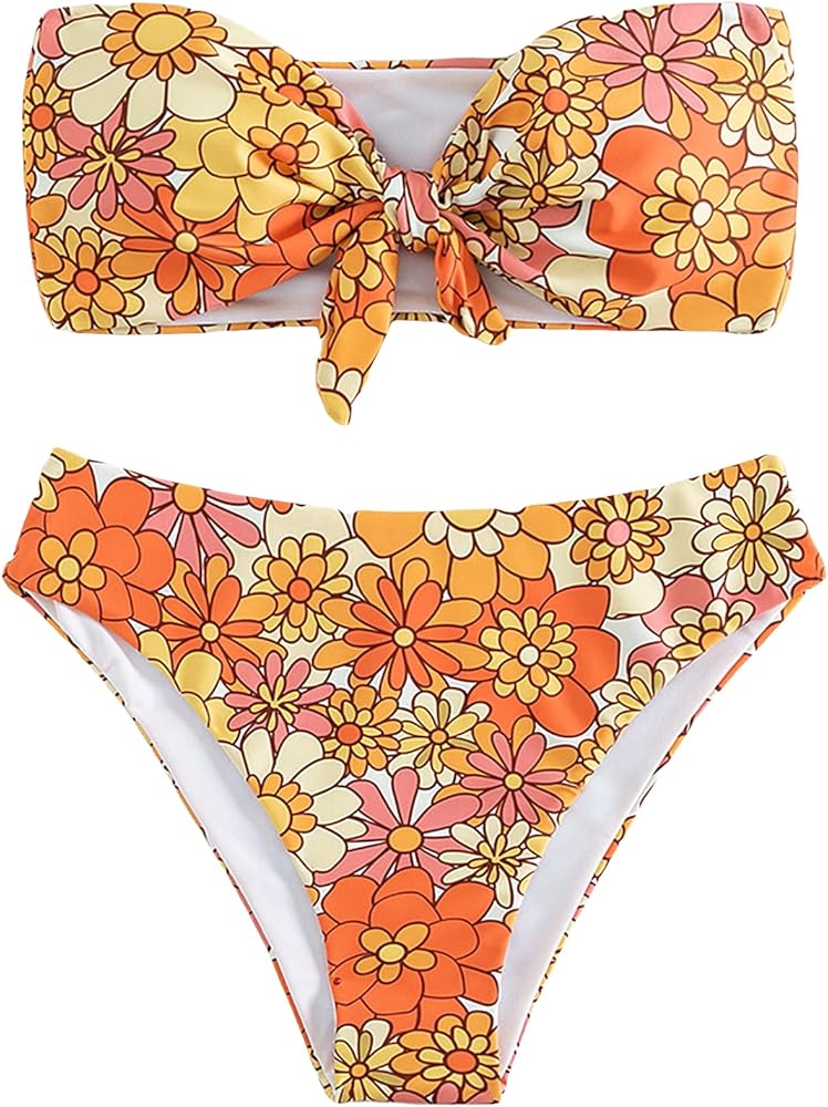 WDIRARA Women's Floral Strapless Bikini 2 Piece High Waisted Bandeau Bathing Suit