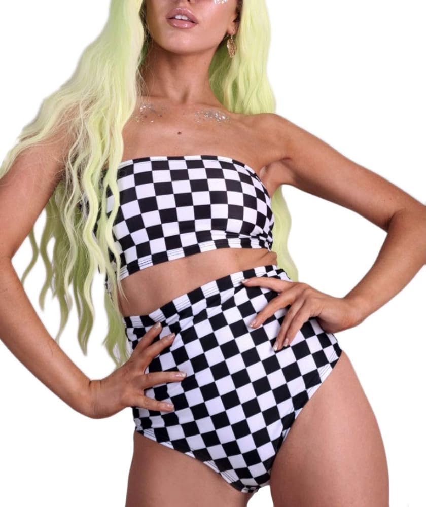 Women's Rave High Waisted Checkered Booty Shorts Bottoms Checkboard Bikini for Music Festivals DEM